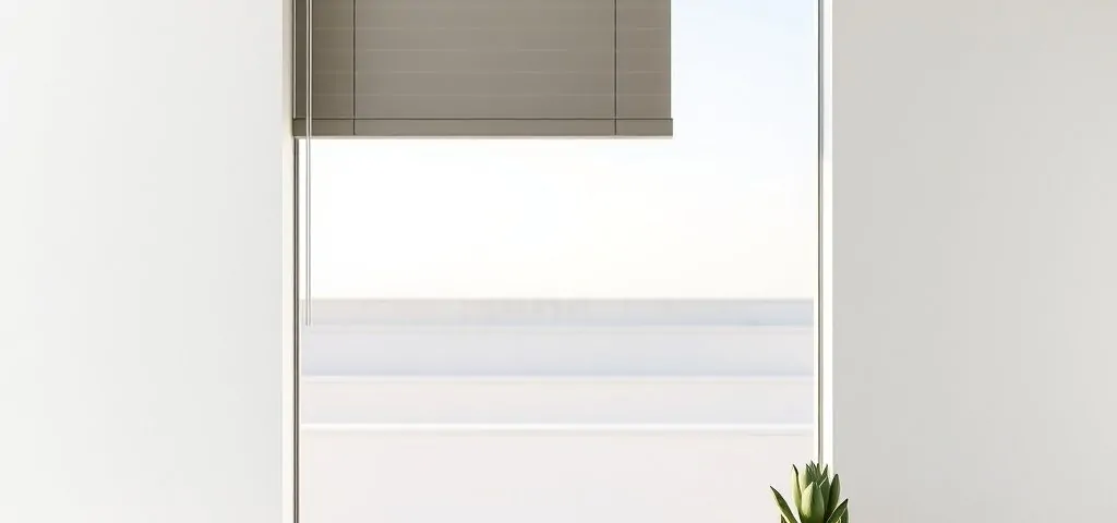 Una persiana de aluminio minimalista con una lamas abierta, junto a una maceta de terracota. Cuales son las mejores opciones para reparar persianas metalicas en Barcelona.