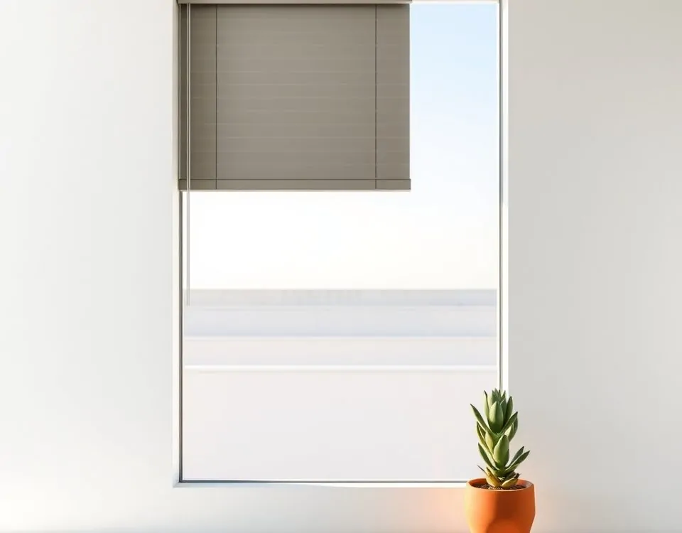 Una persiana de aluminio minimalista con una lamas abierta, junto a una maceta de terracota. Cuales son las mejores opciones para reparar persianas metalicas en Barcelona.