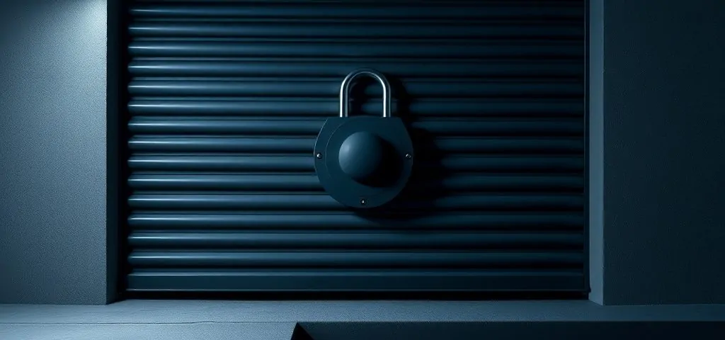Cerradura geométrica en persiana mate, iluminada en un ambiente nocturno, refleja "Que tipos de cerraduras son más seguras para persianas de locales".