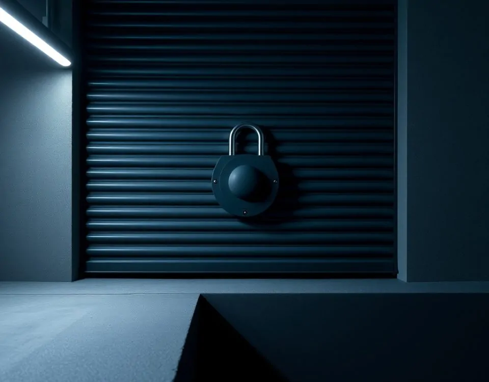 Cerradura geométrica en persiana mate, iluminada en un ambiente nocturno, refleja "Que tipos de cerraduras son más seguras para persianas de locales".