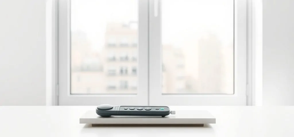 Un cassette de persiana motorizada y un control remoto en un fondo blanco, mostrando la calidad de motorización en Barcelona.