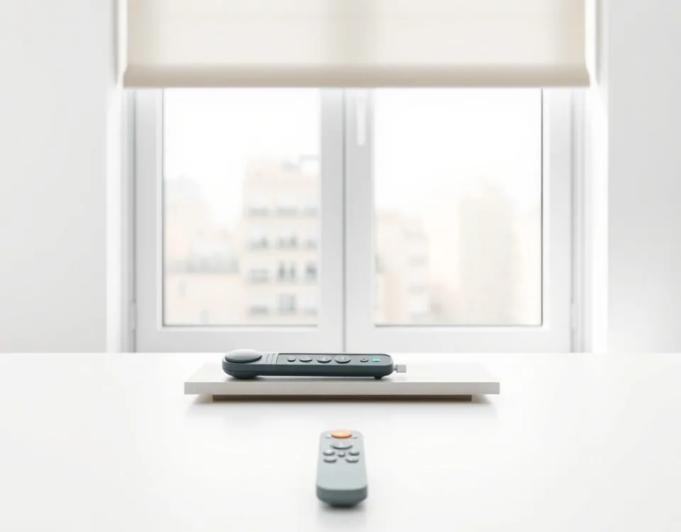 Un cassette de persiana motorizada y un control remoto en un fondo blanco, mostrando la calidad de motorización en Barcelona.
