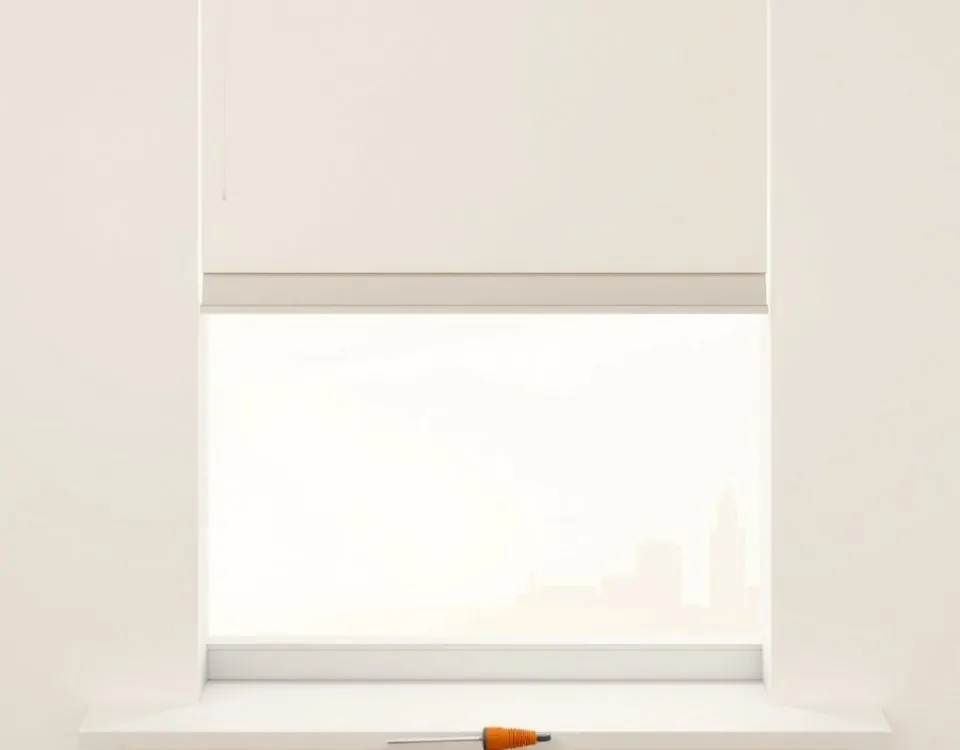 Una persiana horizontal parcialmente bajada sobre un alféizar, con un destornillador gris en primer plano; Barcelona al fondo. Cuales son los servicios mas recomendados para reparaciones de persianas en Barcelona.