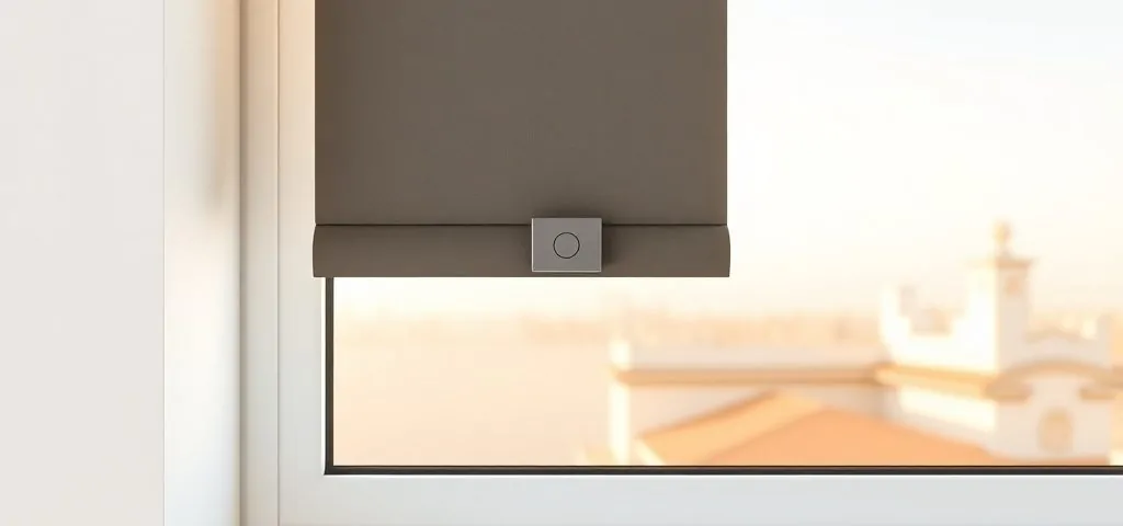 Una lamas de persiana y un candado geométrico en un marco minimalista, evocando "Que proveedores ofrecen instalacion de cerraduras para persianas en Barcelona".