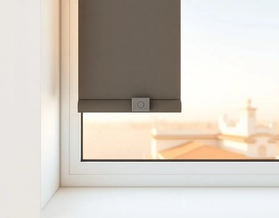 Una lamas de persiana y un candado geométrico en un marco minimalista, evocando "Que proveedores ofrecen instalacion de cerraduras para persianas en Barcelona".