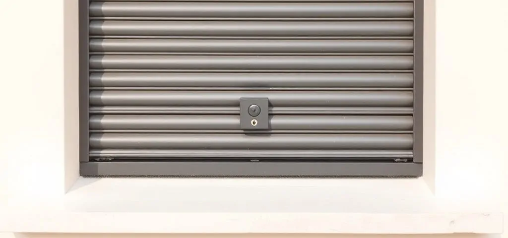 Panel de persiana de metal con cerradura en un campo claro; pregunta: "¿Qué tipo de cerraduras para persianas son más seguras en Barcelona?
