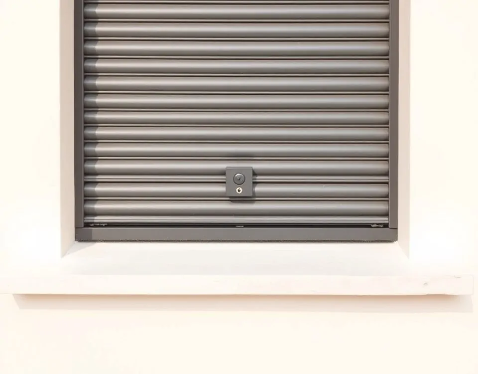 Panel de persiana de metal con cerradura en un campo claro; pregunta: "¿Qué tipo de cerraduras para persianas son más seguras en Barcelona?