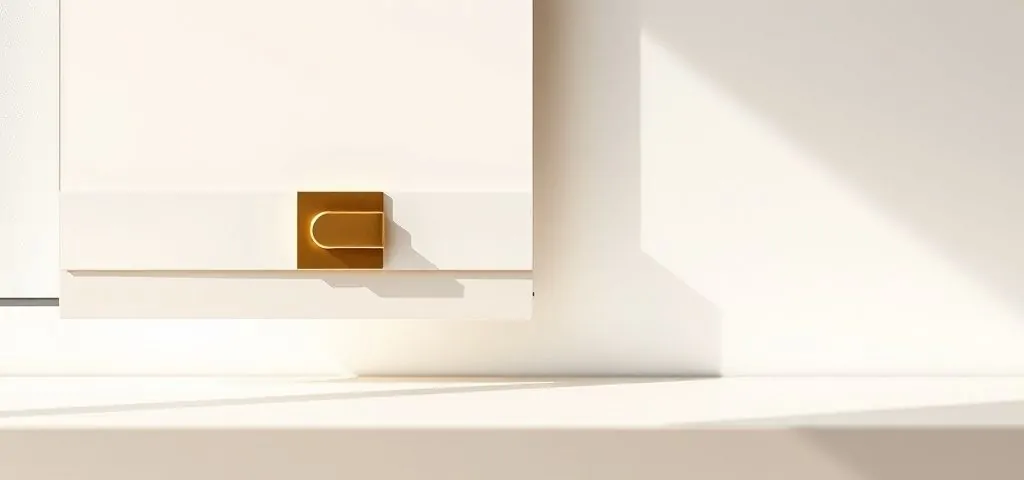 Cerradura de bronce mate en persiana blanca, luz suave, composición arquitectónica. Cuales son las mejores cerraduras para persianas en Barcelona.