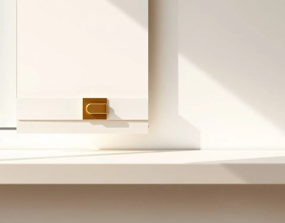 Cerradura de bronce mate en persiana blanca, luz suave, composición arquitectónica. Cuales son las mejores cerraduras para persianas en Barcelona.