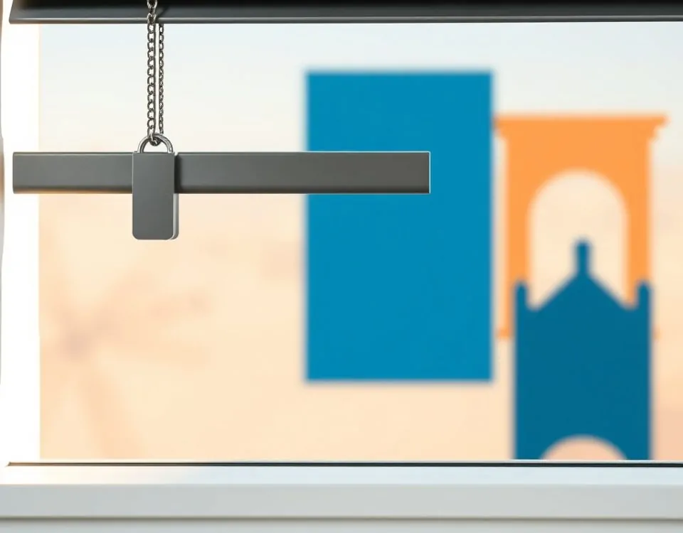 Una lamas metálica con un candado en primer plano, con un fondo de azul y terracota. Donde puedo comprar cerraduras para persianas metalicas en Barcelona.