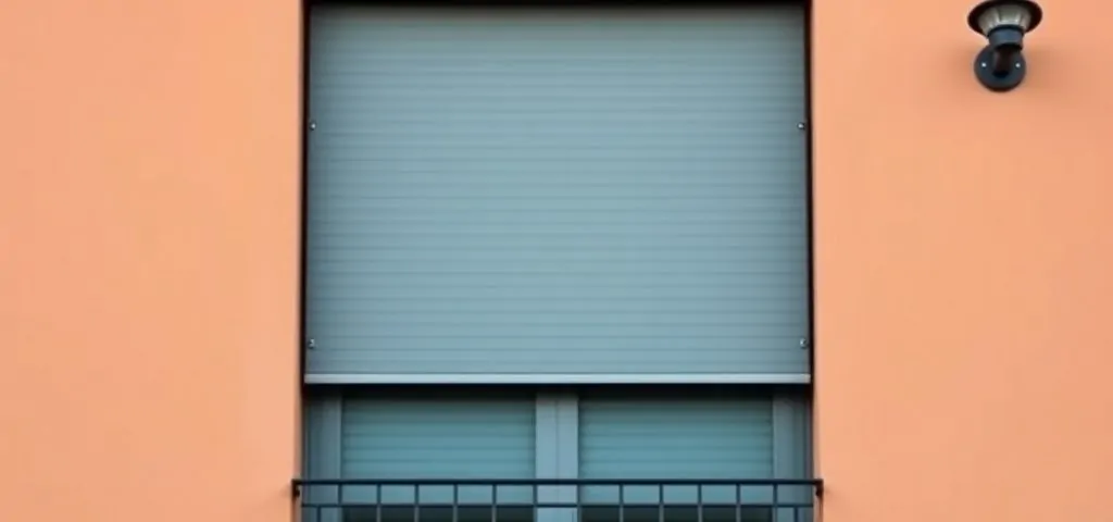 Persiana metálica de acero mate parcialmente bajada sobre ventana en estuco terracota, reflejando seguridad en Barcelona.
