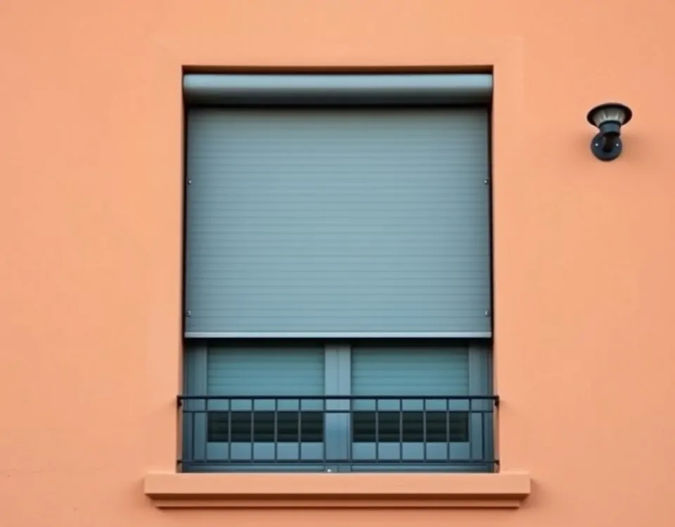 Persiana metálica de acero mate parcialmente bajada sobre ventana en estuco terracota, reflejando seguridad en Barcelona.