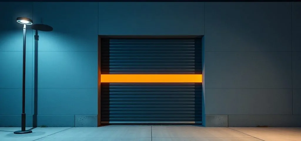 Puerta de garaje industrial entreabierta con un fondo de silueta de Barcelona y luna; servicios de reparación 24 horas en Barcelona.
