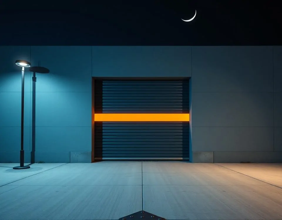 Puerta de garaje industrial entreabierta con un fondo de silueta de Barcelona y luna; servicios de reparación 24 horas en Barcelona.