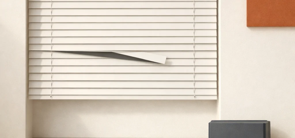 Escena minimalista con persiana vertical y kit de reparación en una ventana blanca; luz cálida. Cuales son los mejores servicios de reparacion de persianas en Barcelona.