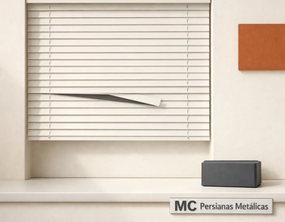 Escena minimalista con persiana vertical y kit de reparación en una ventana blanca; luz cálida. Cuales son los mejores servicios de reparacion de persianas en Barcelona.
