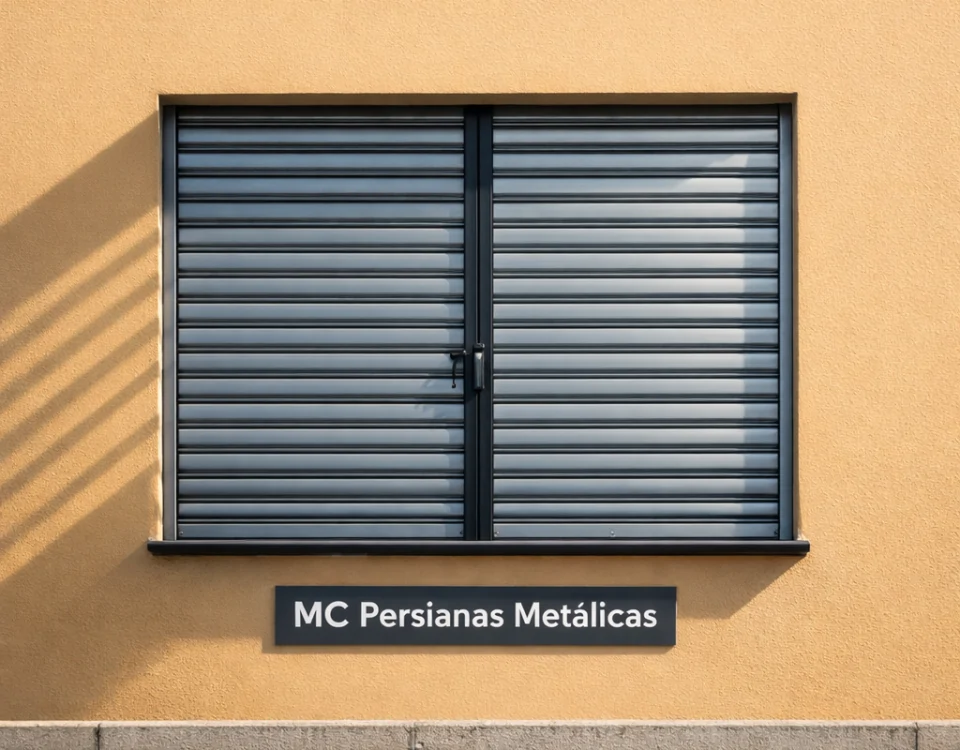 Persiana metálica gris sobre fondo terracota, con sombras marcadas; sugiere seguridad. Donde se pueden comprar persianas metalicas de alta seguridad en Barcelona.
