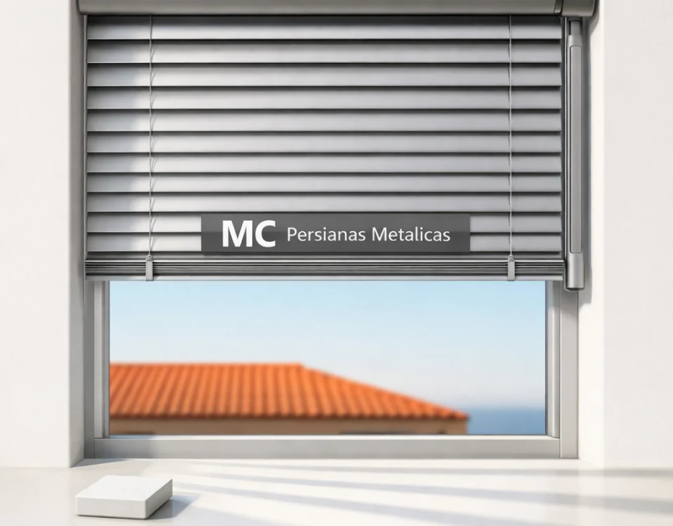 Ventana con persiana metálica motorizada a medio bajar, luz natural suave, y un ambiente minimalista en Barcelona. Donde puedo contratar la instalacion de persianas metalicas motorizadas en Barcelona.