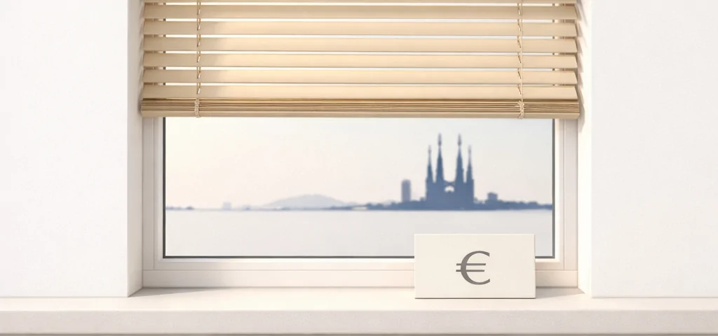 Ventana rectangular con persianas en Barcelona, luz suave y cálida; tarjeta con símbolo euro, ambiente minimalista y sereno. Que proveedor ofrece instalacion de persianas con financiamiento en Barcelona.