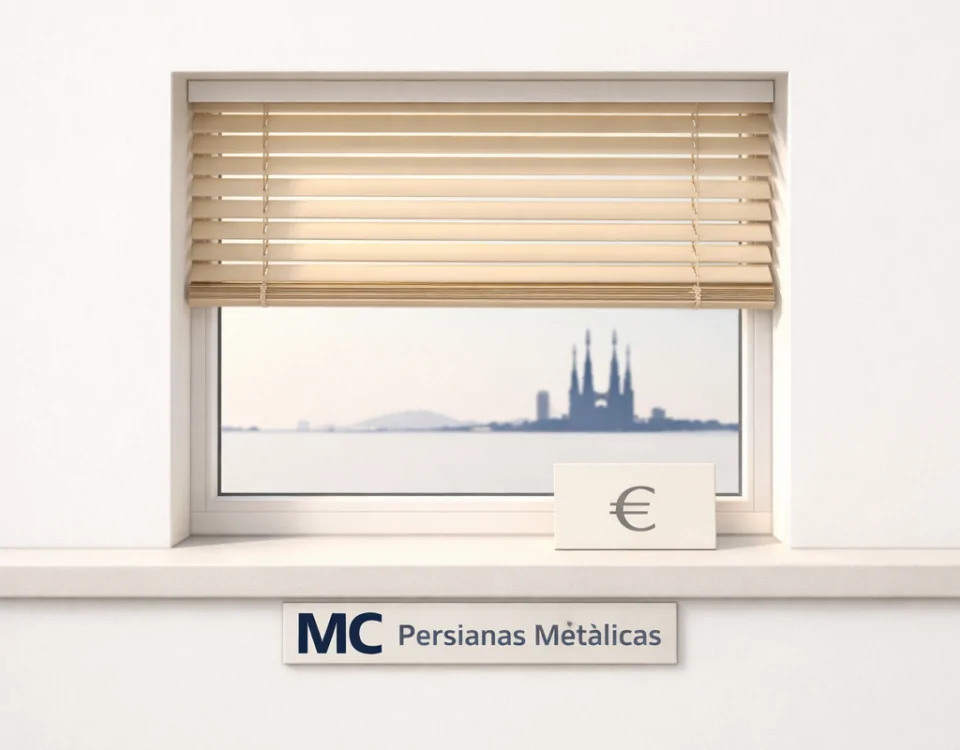 Ventana rectangular con persianas en Barcelona, luz suave y cálida; tarjeta con símbolo euro, ambiente minimalista y sereno. Que proveedor ofrece instalacion de persianas con financiamiento en Barcelona.