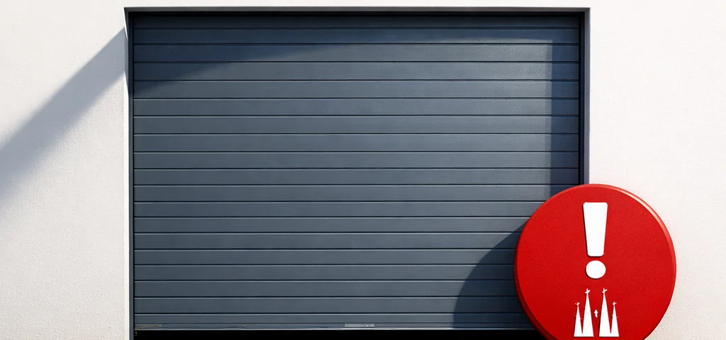 Puerta de garaje minimalista gris con ranura, marcador rojo a la derecha; busca "Donde puedo conseguir un servicio de reparacion de puertas de garaje disponible en Barcelona".