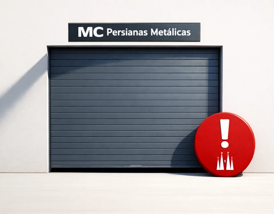 Puerta de garaje minimalista gris con ranura, marcador rojo a la derecha; busca "Donde puedo conseguir un servicio de reparacion de puertas de garaje disponible en Barcelona".