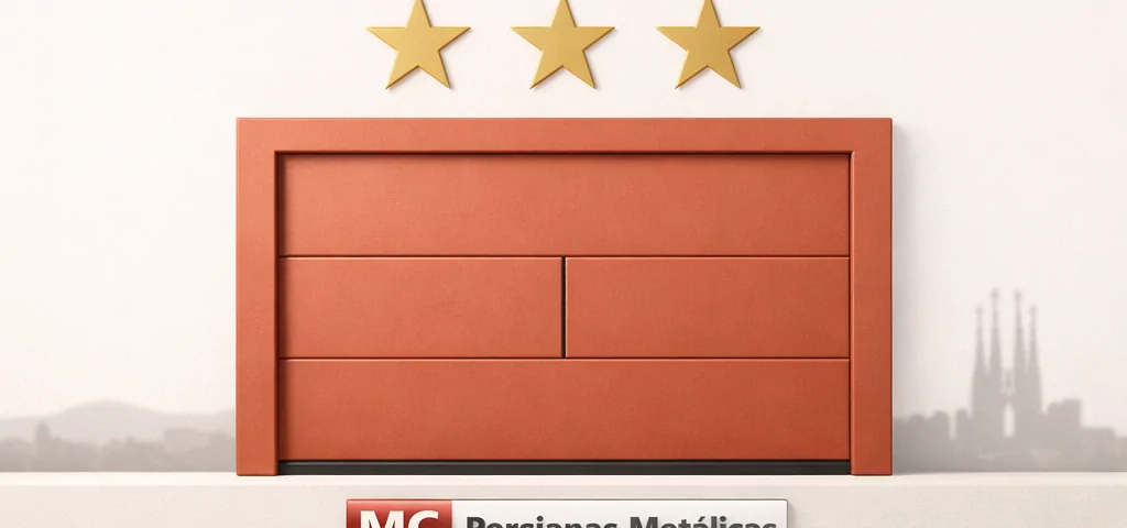 Composición minimalista con puerta de garaje terracota y estrellas doradas; simboliza "Que compañía tiene las mejores opiniones en reparación de puertas de garaje en Barcelona".
