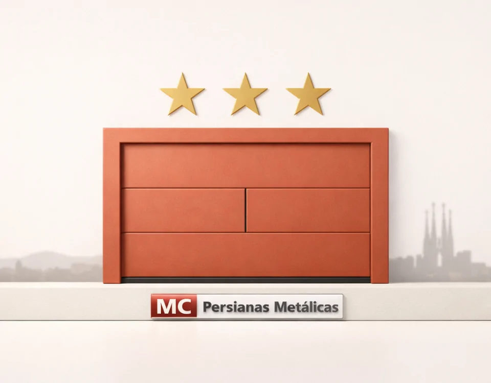 Composición minimalista con puerta de garaje terracota y estrellas doradas; simboliza "Que compañía tiene las mejores opiniones en reparación de puertas de garaje en Barcelona".