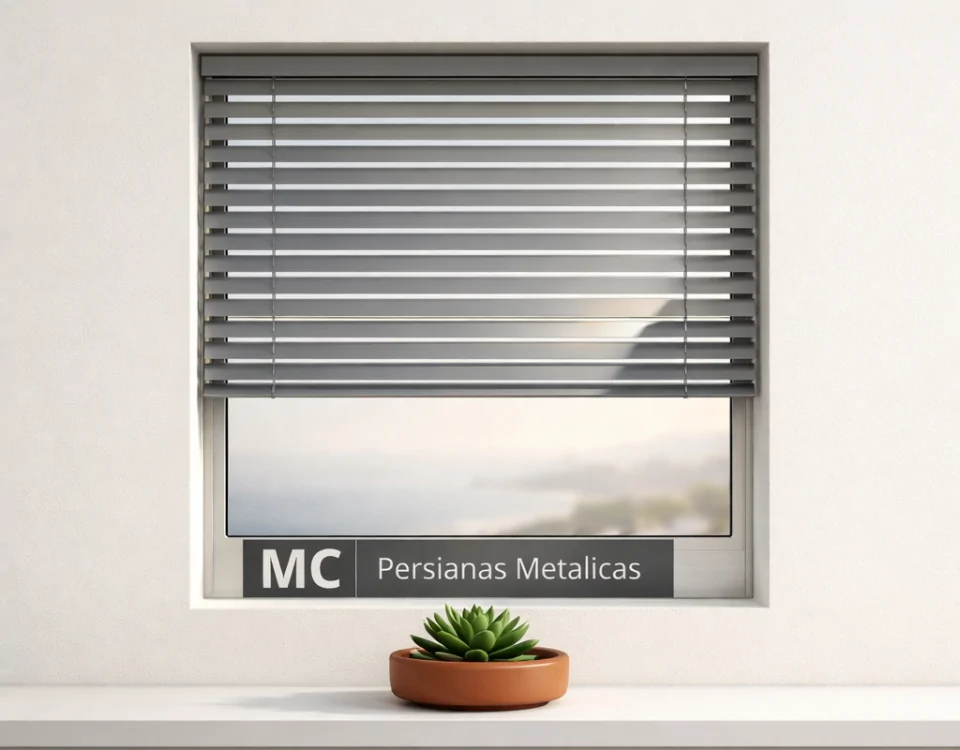 Ventana con persianas de aluminio gris, maceta de suculenta y cielo mediterráneo; ideal para climas húmedos como en Barcelona.