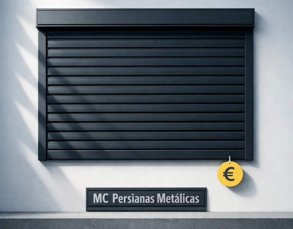 Persiana de seguridad mate en ventana con etiqueta amarilla; sugiere ofertas en instalación de persianas en Barcelona.