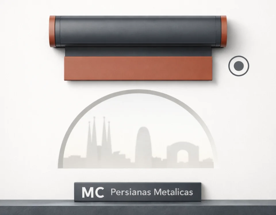 Un cassette motorizado de persianas en un fondo blanco, con un listón plano en movimiento; ideal para automatización en Barcelona.