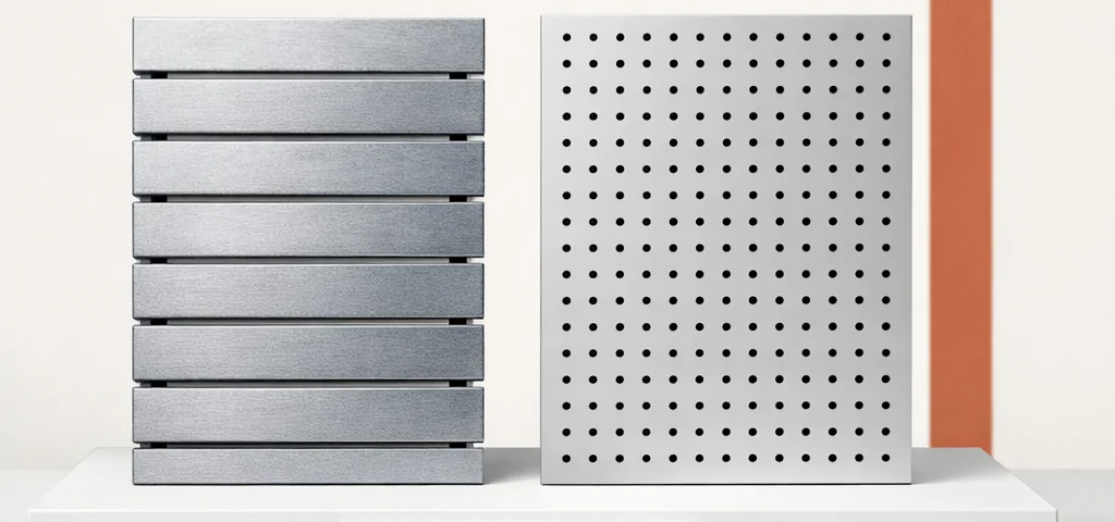 Dos muestras metálicas en un plinto blanco, representando "Cuales son las persianas metalicas mas recomendadas para negocios en Barcelona".