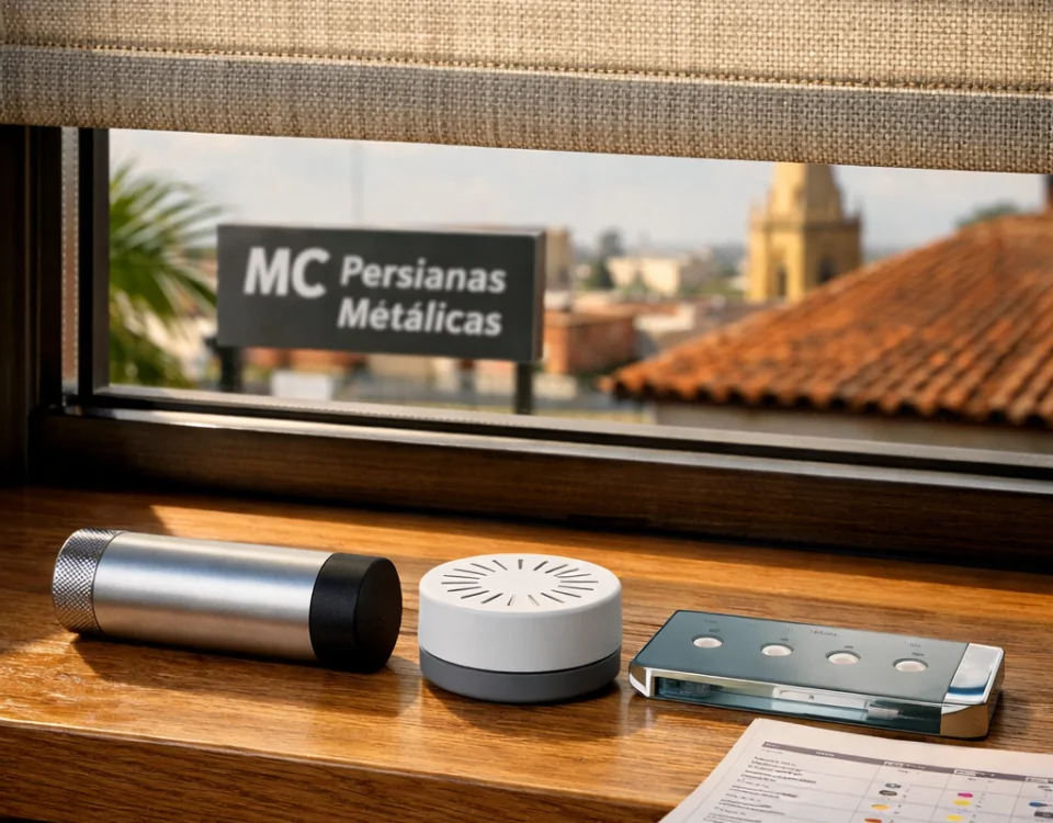 Interior urbano iluminado con ventana moderna, muestra hardware y comparacion de servicios de motorizacion de persianas en Barcelona.