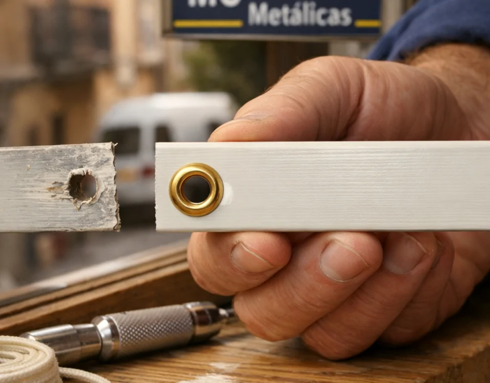 Técnico repara persianas en Barcelona, mostrando un listón nuevo y uno dañado, con herramientas y luz cálida de tarde.