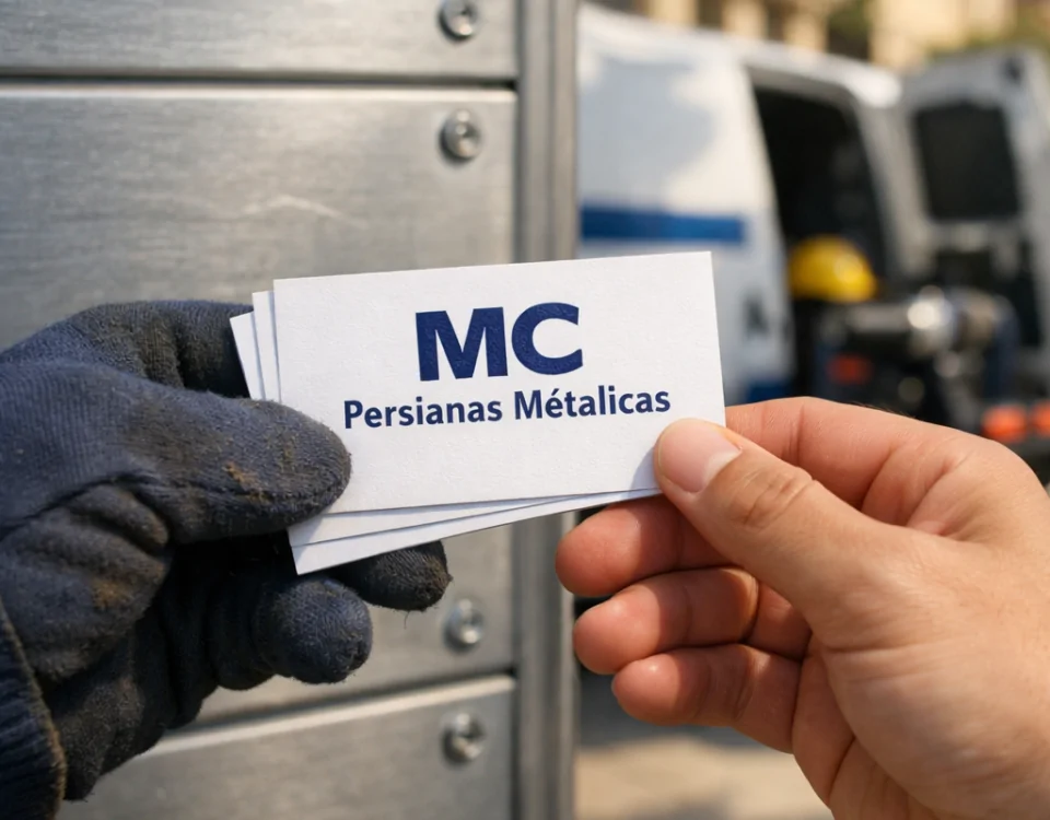 Intercambio de tarjetas de presentación frente a una puerta de garaje; "Cuales son las mejores empresas para reparar puertas de garaje en Barcelona".