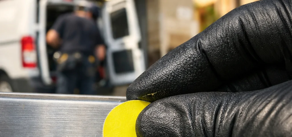 Técnico con guante presiona etiqueta amarilla en puerta de garaje; encuentra servicios rápidos de reparaciones de puertas de garaje en Barcelona.