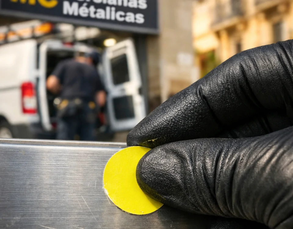 Técnico con guante presiona etiqueta amarilla en puerta de garaje; encuentra servicios rápidos de reparaciones de puertas de garaje en Barcelona.