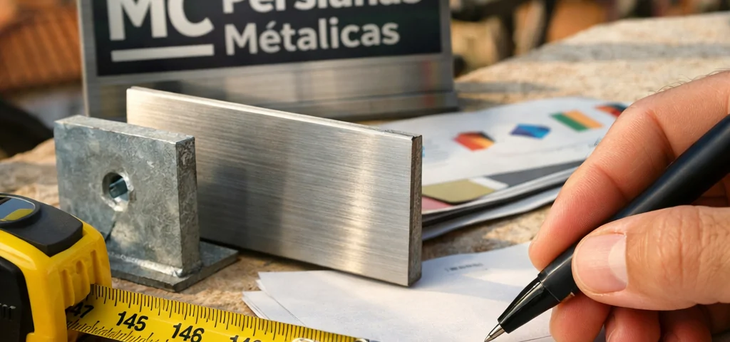 Mano sosteniendo un bolígrafo sobre un presupuesto en una terraza de Barcelona, solicitando presupuesto para la instalación de persianas metálicas automáticas.