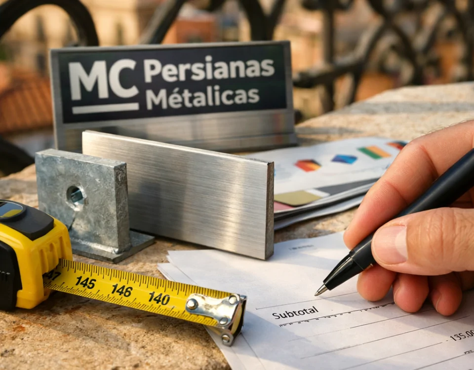 Mano sosteniendo un bolígrafo sobre un presupuesto en una terraza de Barcelona, solicitando presupuesto para la instalación de persianas metálicas automáticas.