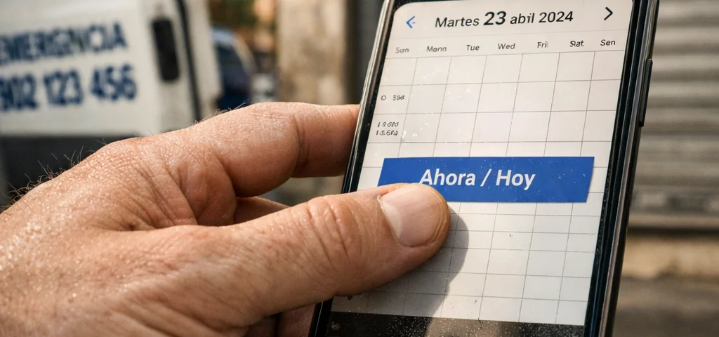 Mano de técnico reparador tocando la pantalla de un smartphone con calendario; texto: "Donde puedo agendar una reparacion de puerta de garaje para hoy mismo en Barcelona".