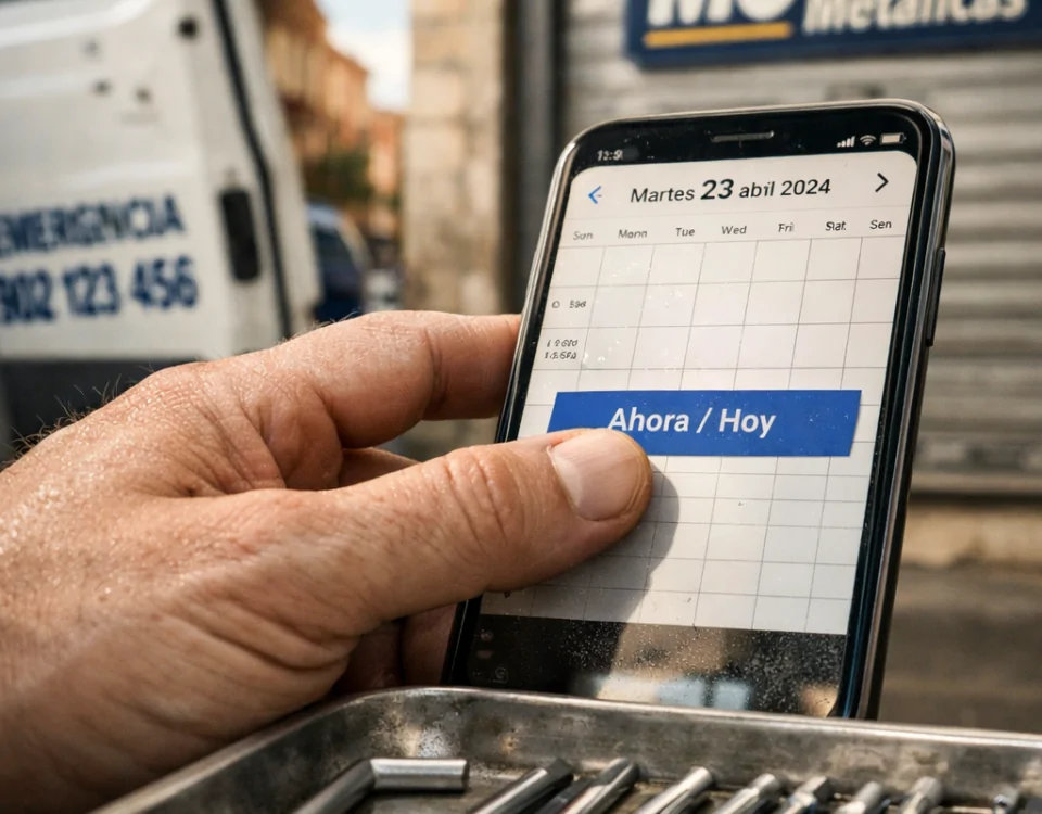 Mano de técnico reparador tocando la pantalla de un smartphone con calendario; texto: "Donde puedo agendar una reparacion de puerta de garaje para hoy mismo en Barcelona".