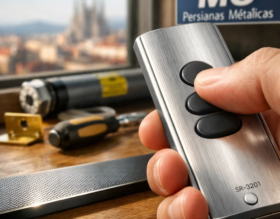 Control remoto de aluminio en mano, con herramientas de instalación y vista borrosa de Barcelona; contratar servicio de motorización para persianas metálicas en Barcelona cuáles son las mejores.