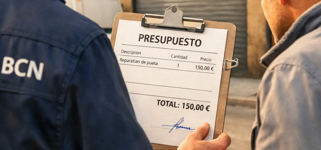 Técnico con clipboard en mano muestra presupuesto a propietario en calle de Barcelona; "Quien ofrece los mejores precios para la reparacion de puertas de garaje en Barcelona".
