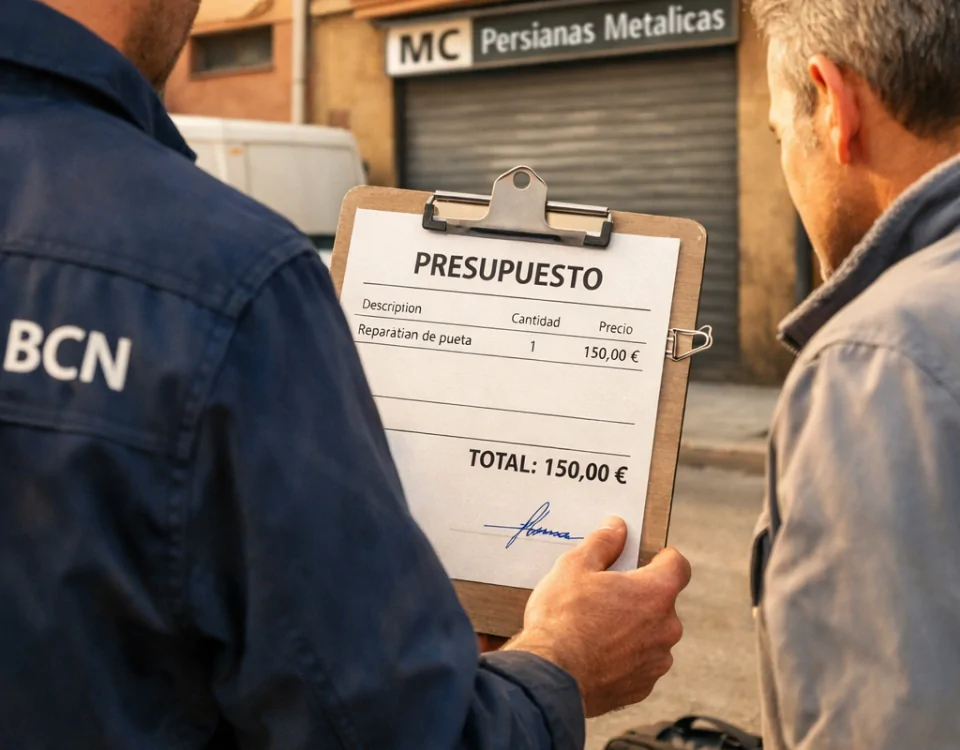 Técnico con clipboard en mano muestra presupuesto a propietario en calle de Barcelona; "Quien ofrece los mejores precios para la reparacion de puertas de garaje en Barcelona".