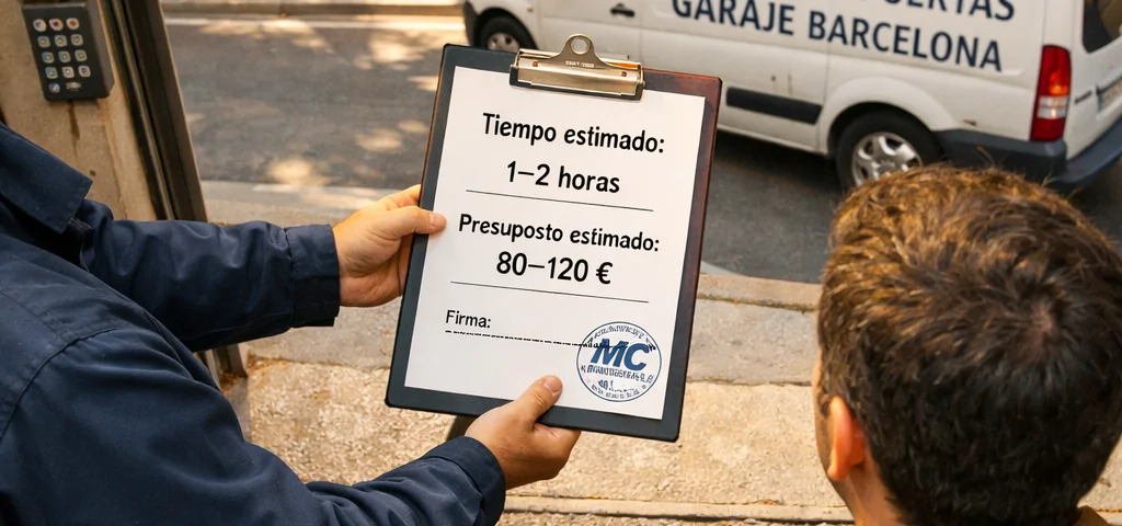 Técnico y propietario revisan presupuesto de reparación de puertas de garaje en Barcelona. Quien ofrece los mejores precios para la reparacion de puertas de garaje en Barcelona.