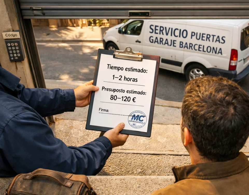 Técnico y propietario revisan presupuesto de reparación de puertas de garaje en Barcelona. Quien ofrece los mejores precios para la reparacion de puertas de garaje en Barcelona.