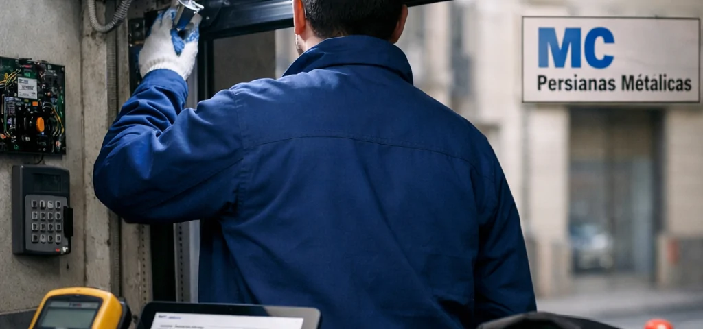 Técnico revisa puerta de garaje en Barcelona; Que compania tiene el mejor servicio tecnico para puertas de garaje en Barcelona