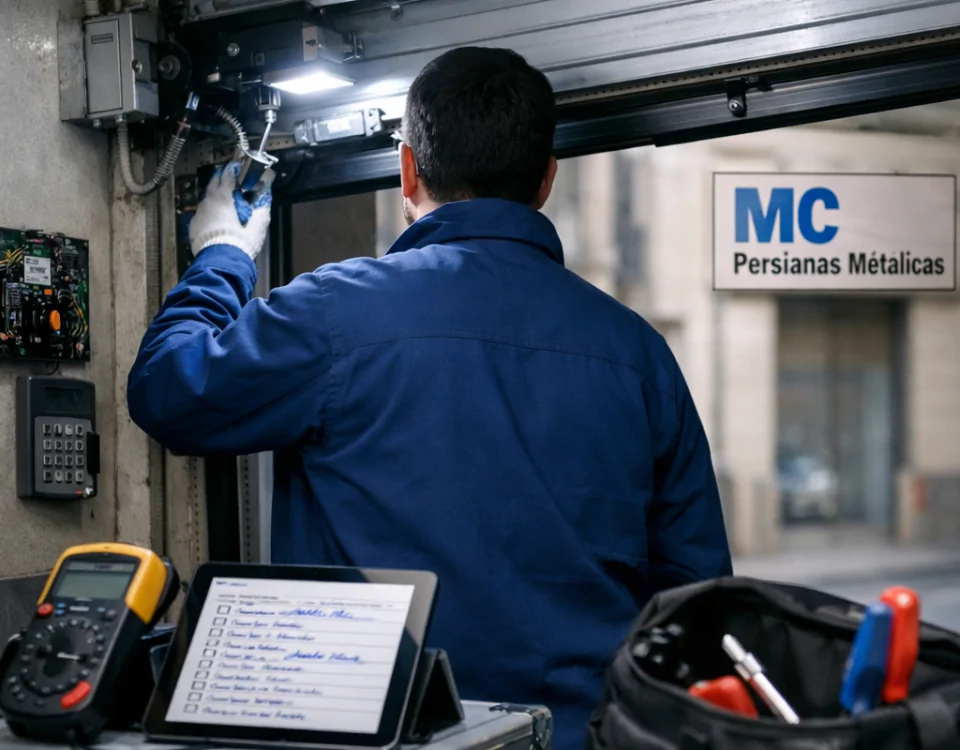 Técnico revisa puerta de garaje en Barcelona; Que compania tiene el mejor servicio tecnico para puertas de garaje en Barcelona