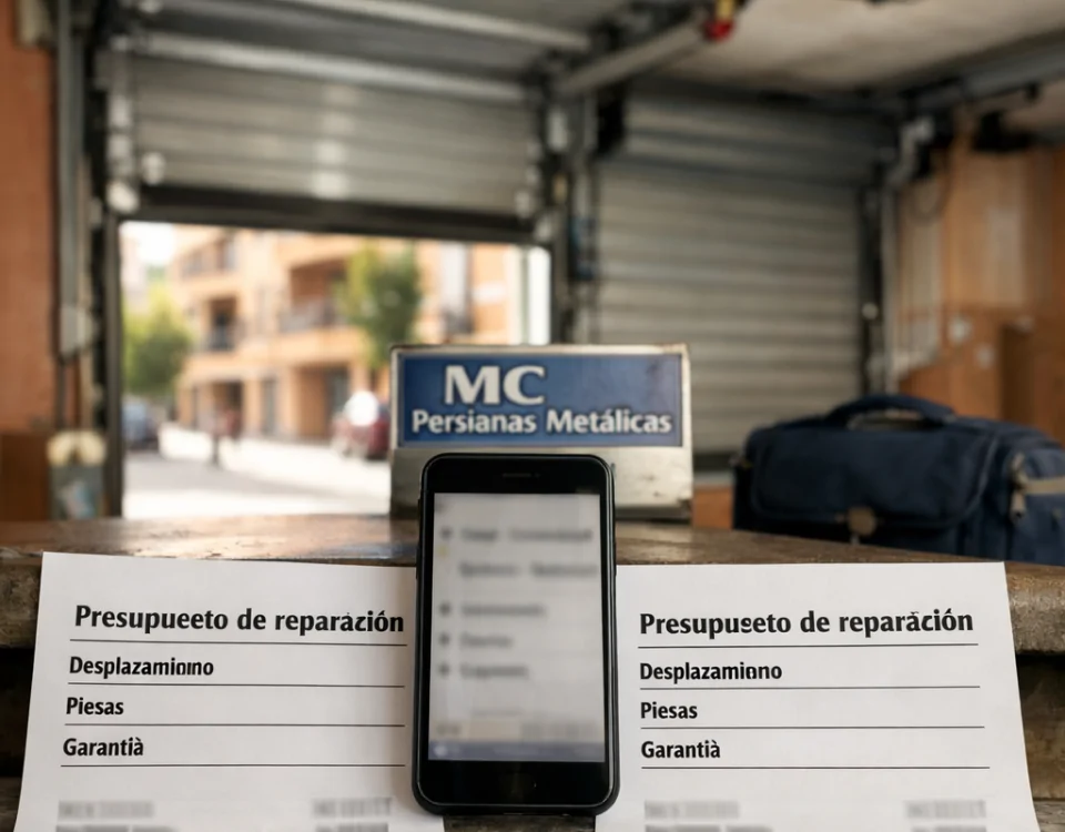 Presupuestos en español y puerta de garaje parcialmente abierta; Comparativa de empresas que ofrecen reparacion de puertas de garaje en Barcelona