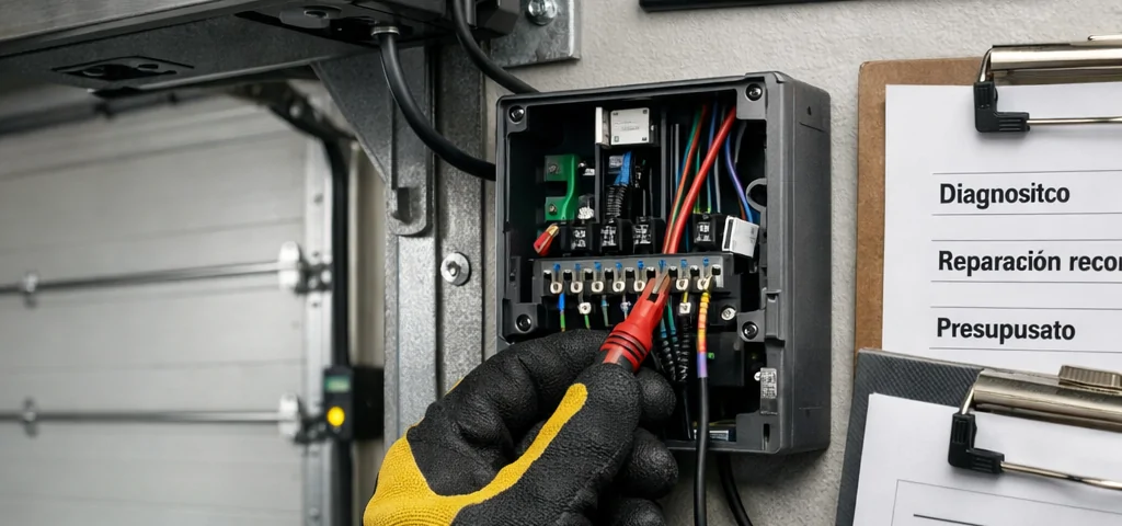 Técnico diagnostica puerta seccional automática; “Mejores opciones para reparar puertas de garaje automaticas en Barcelona”.
